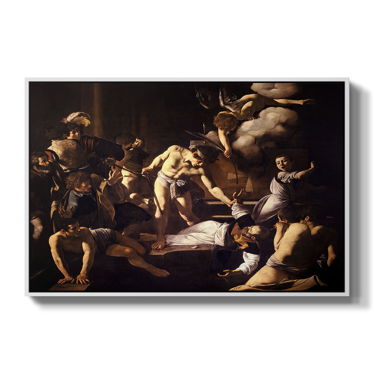 The Martyrdom of Saint Matthew, 1599-1600 by Caravaggio in a white floater framed canvas wall art display.