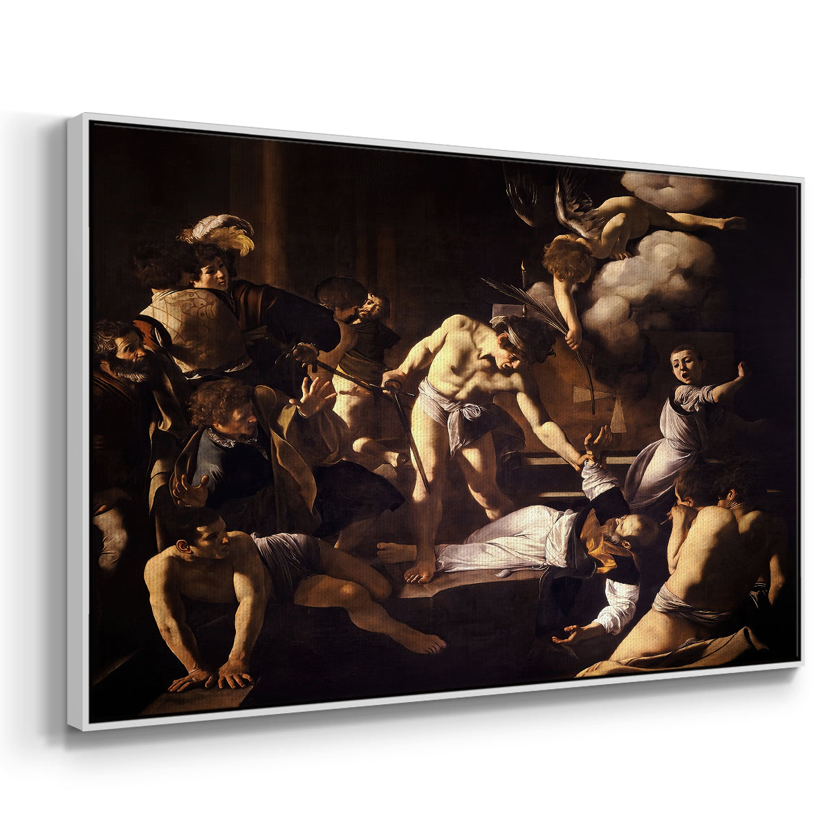 Angled view of The Martyrdom of Saint Matthew, 1599-1600 by Caravaggio in a white floater framed canvas.