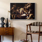 The Martyrdom of Saint Matthew, 1599-1600 by Caravaggio as a white floater framed canvas featuring a religious narrative showing violent attack on saint in crowded setting, styled above a mid-century console in a contemporary living area.