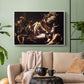 White floater framed canvas featuring a Baroque composition of movement and emotion during martyrdom, displayed above a sofa in a modern living room.