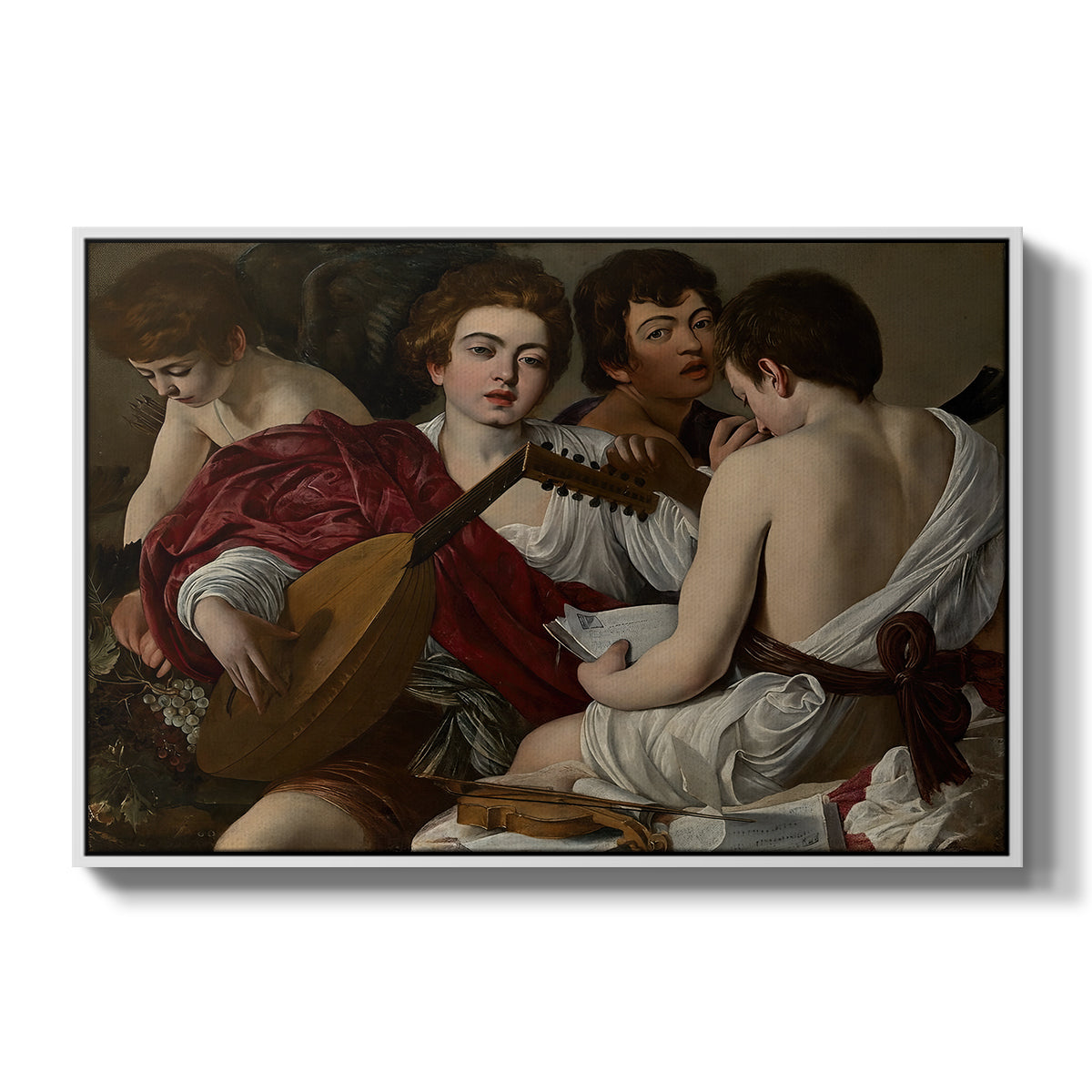 The Musicians, c. 1595 by Caravaggio in a white floater framed canvas wall art display.