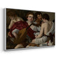 Angled view of The Musicians, c. 1595 by Caravaggio in a white floater framed canvas.