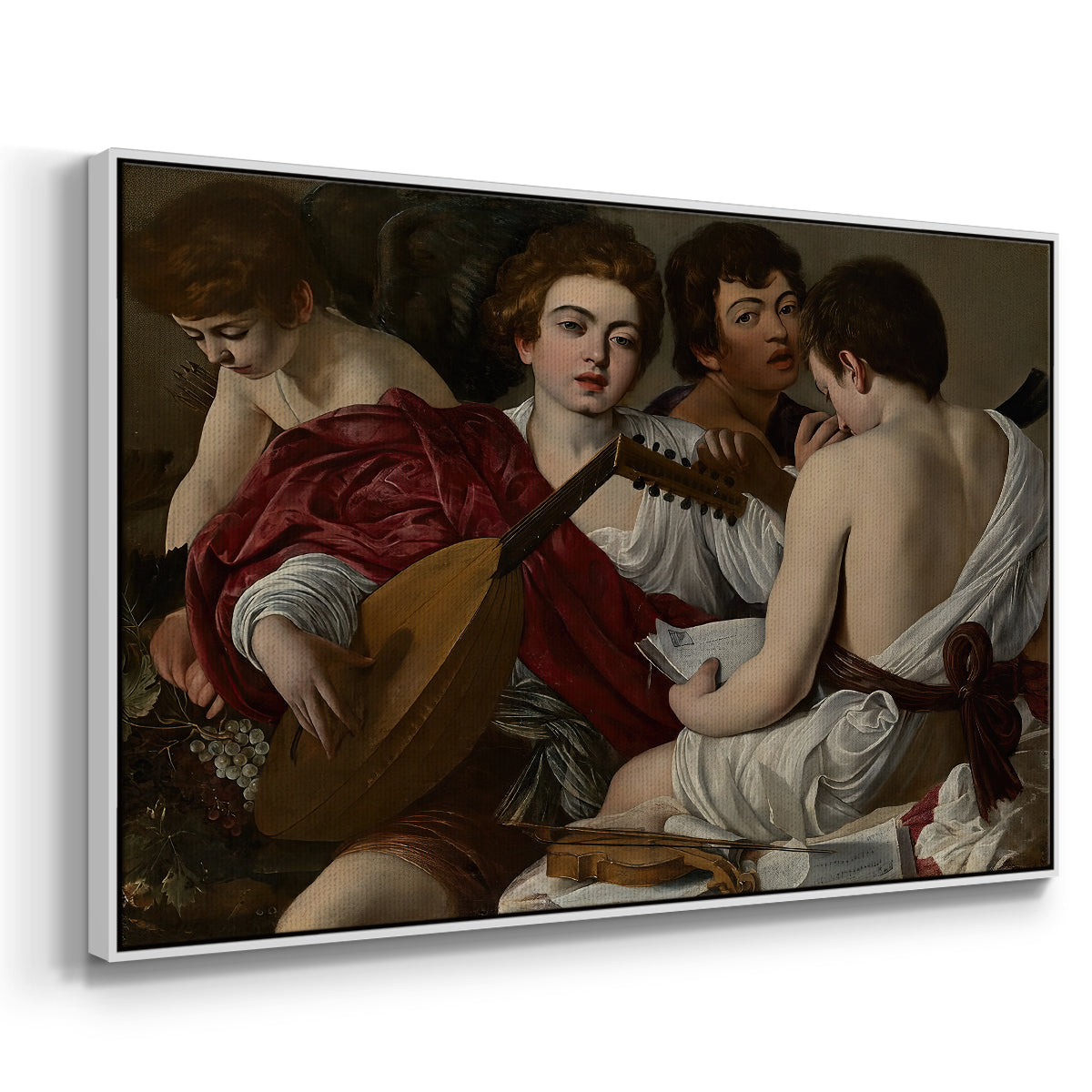 Angled view of The Musicians, c. 1595 by Caravaggio in a white floater framed canvas.