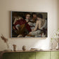White floater framed canvas of The Musicians, c. 1595 by Caravaggio, featuring an ensemble of musicians holding lute and singing in close arrangement above a sideboard in a softly lit hallway.