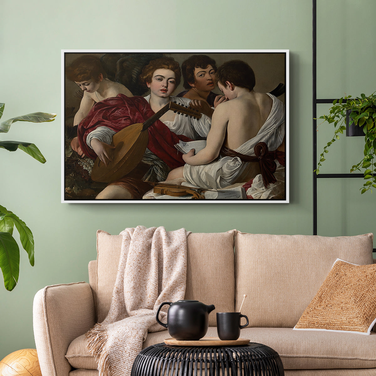 White floater framed canvas featuring a musical gathering with figures posed closely in soft light, displayed above a sofa in a modern living room.