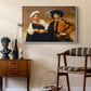 The Fortune Teller (Capitoline Version), c. 1599 by Caravaggio as a white floater framed canvas featuring a close interaction between two figures involving deception and gesture, styled above a mid-century console in a contemporary living area.