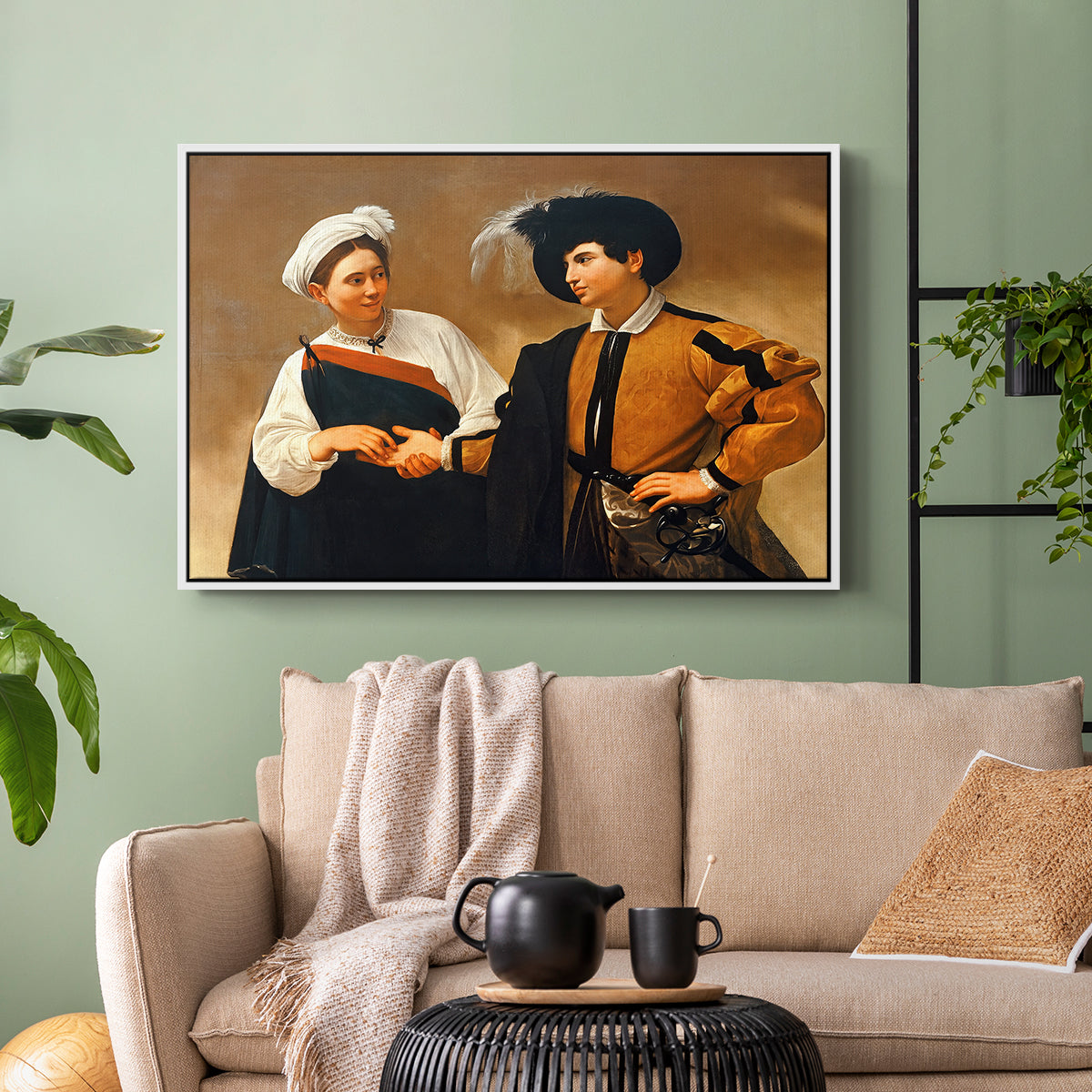 White floater framed canvas featuring a genre scene of fortune telling with subtle theft, displayed above a sofa in a modern living room.