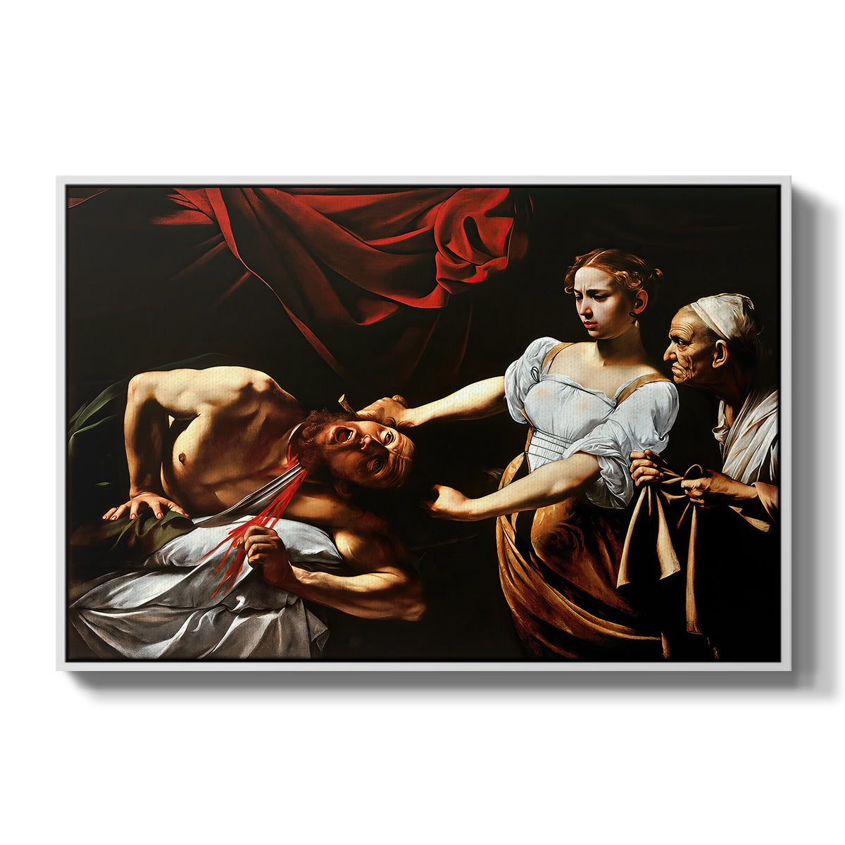 Judith Beheading Holofernes, c. 1599 by Caravaggio in a white floater framed canvas wall art display.