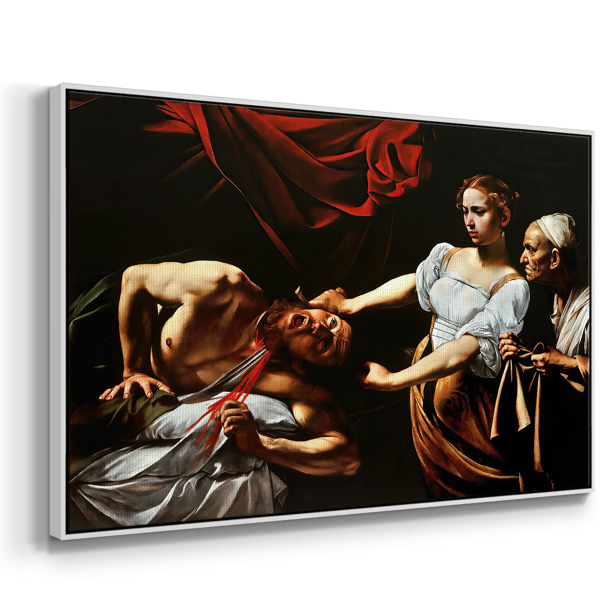 Angled view of Judith Beheading Holofernes, c. 1599 by Caravaggio in a white floater framed canvas.