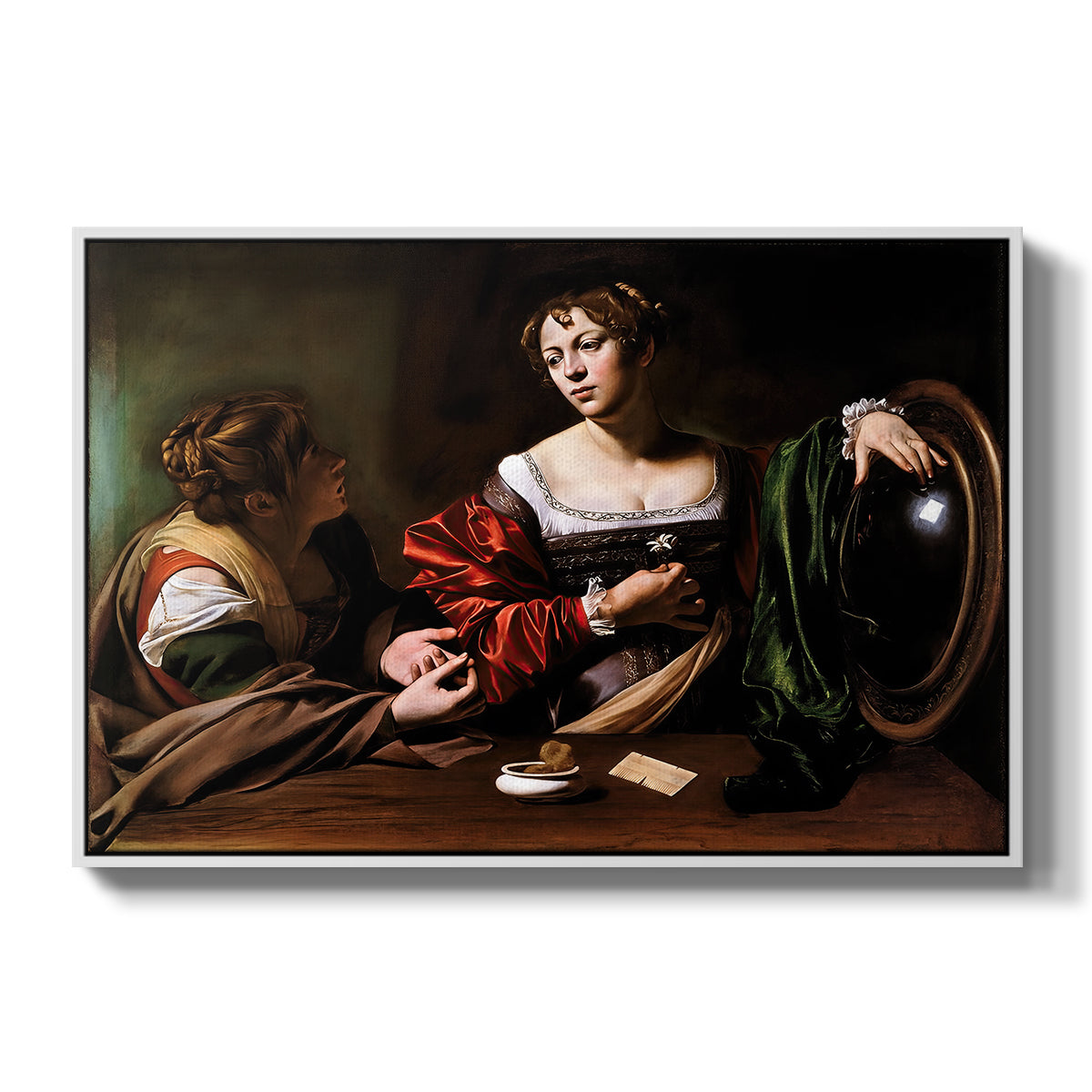 Martha and Mary Magdalene, c. 1598 by Caravaggio in a white floater framed canvas wall art display.