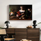 Martha and Mary Magdalene, c. 1598 by Caravaggio displayed in a white floater framed canvas above a dark wood credenza in an entryway.