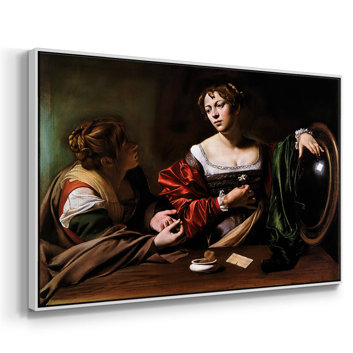 Angled view of Martha and Mary Magdalene, c. 1598 by Caravaggio in a white floater framed canvas.