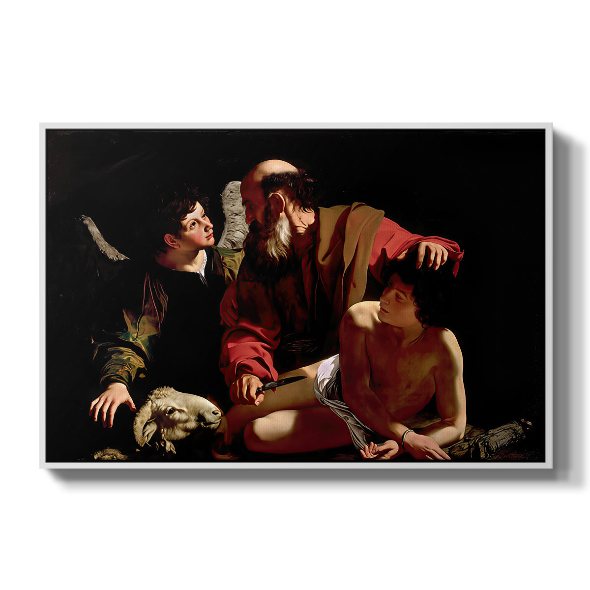 The Sacrifice of Isaac (Uffizi Version), c. 1603 by Caravaggio in a white floater framed canvas wall art display.