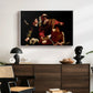 The Sacrifice of Isaac (Uffizi Version), c. 1603 by Caravaggio displayed in a white floater framed canvas above a dark wood credenza in an entryway.