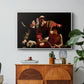 The Sacrifice of Isaac (Uffizi Version), c. 1603 by Caravaggio in a white floater framed canvas featuring Abraham holding Isaac while angel intervenes to stop the sacrifice, displayed above a wood console cabinet.