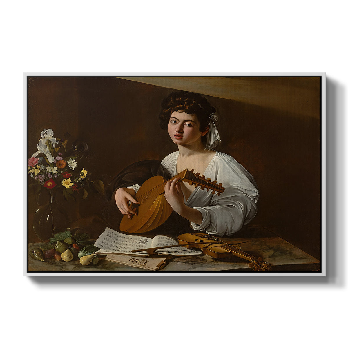 The Lute Player (Hermitage Version), c. 1596 by Caravaggio in a white floater framed canvas wall art display.
