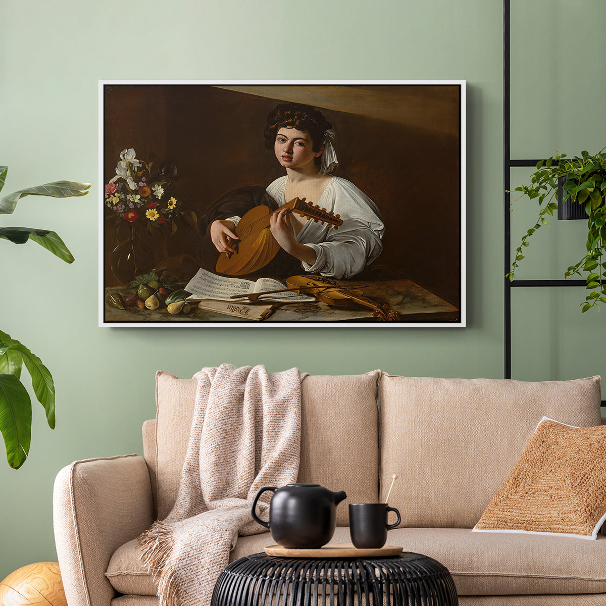 White floater framed canvas featuring a Baroque depiction of musician with detailed textures and lighting, displayed above a sofa in a modern living room.