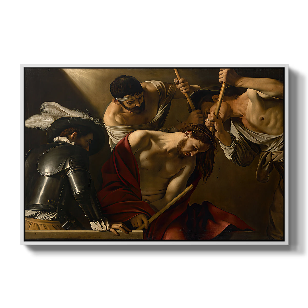 The Crowning with Thorns (Vienna Version), c. 1602-1604 by Caravaggio in a white floater framed canvas wall art display.