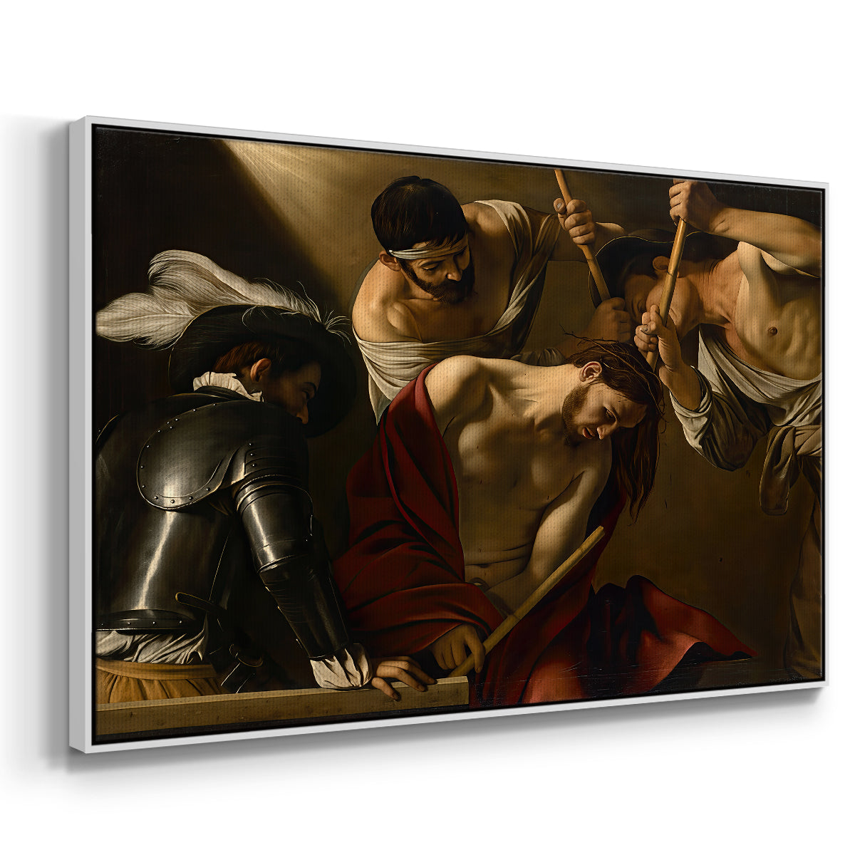 Angled view of The Crowning with Thorns (Vienna Version), c. 1602-1604 by Caravaggio in a white floater framed canvas.