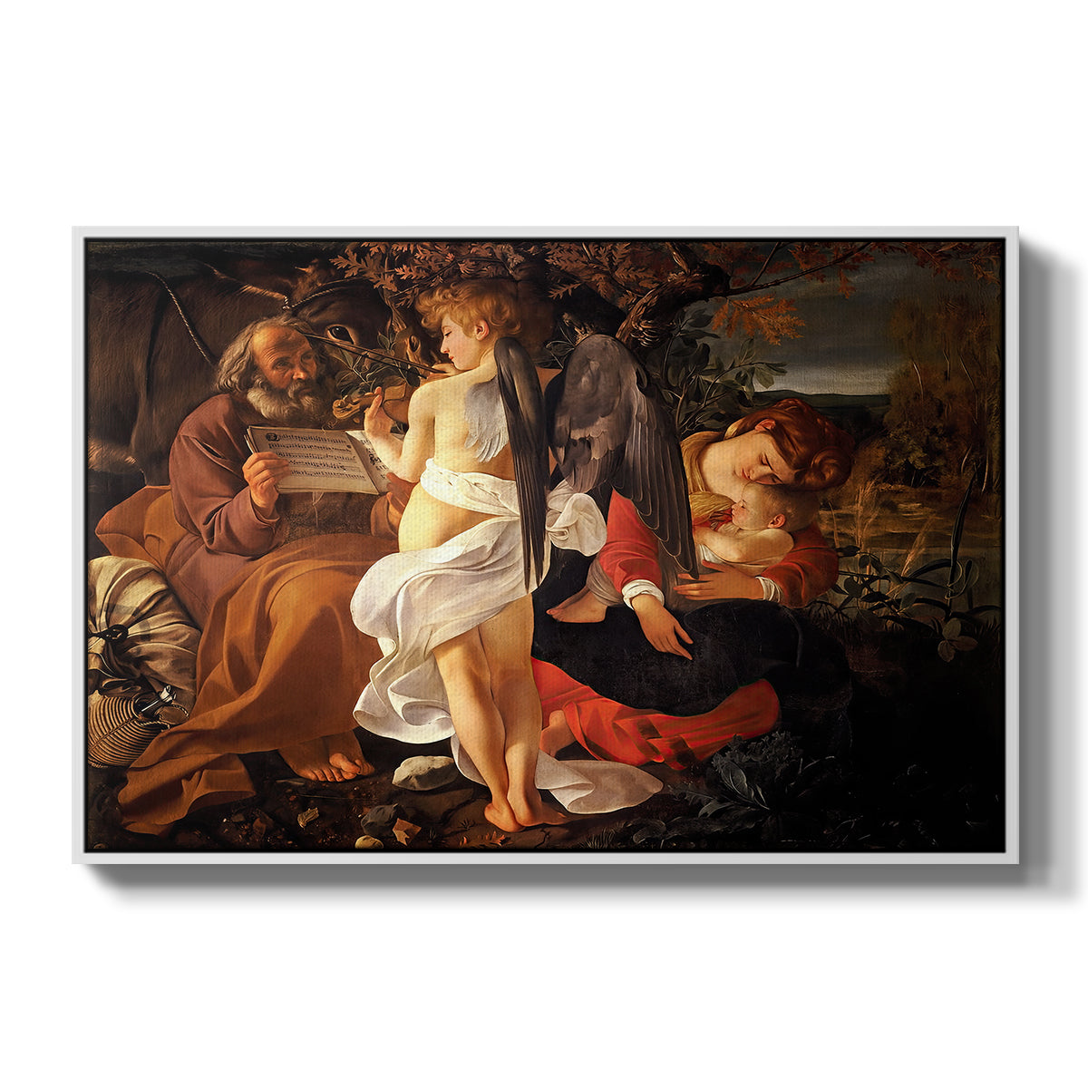 Rest on the Flight into Egypt, c. 1597 by Caravaggio in a white floater framed canvas wall art display.