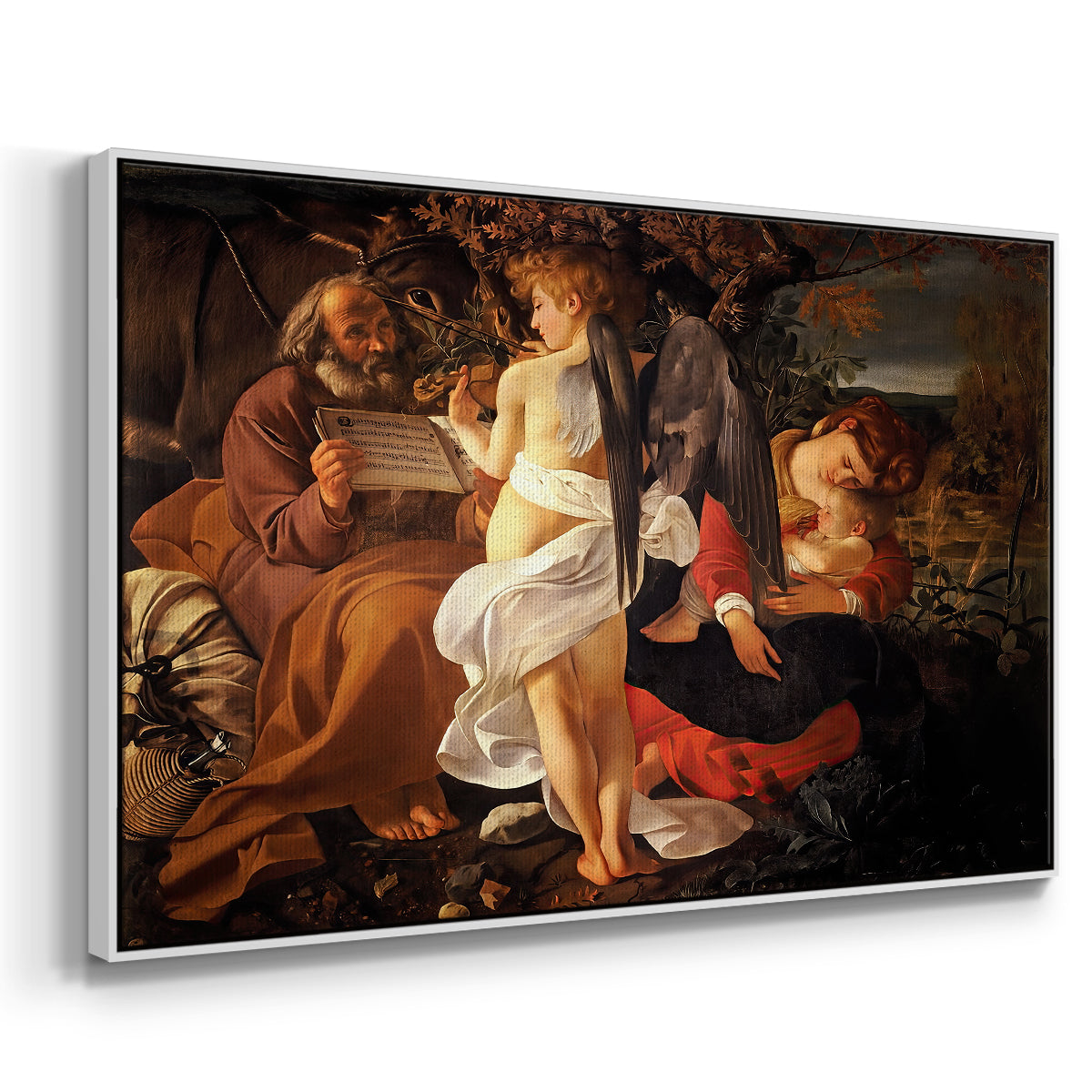 Angled view of Rest on the Flight into Egypt, c. 1597 by Caravaggio in a white floater framed canvas.