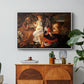 Rest on the Flight into Egypt, c. 1597 by Caravaggio in a white floater framed canvas featuring the Holy Family resting in landscape with angel playing violin, displayed above a wood console cabinet.