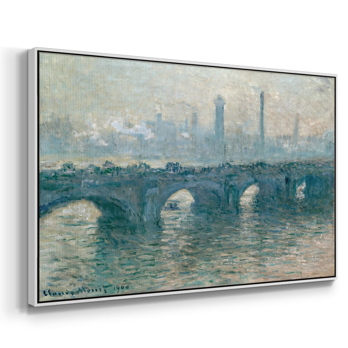 Angled view of Waterloo Bridge, Gray Weather, 1900 by Claude Monet in a white floater framed canvas.