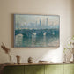 White floater framed canvas of Waterloo Bridge, Gray Weather, 1900 by Claude Monet, featuring an impressionist cityscape with bridge fading into fog over water above a sideboard in a softly lit hallway.