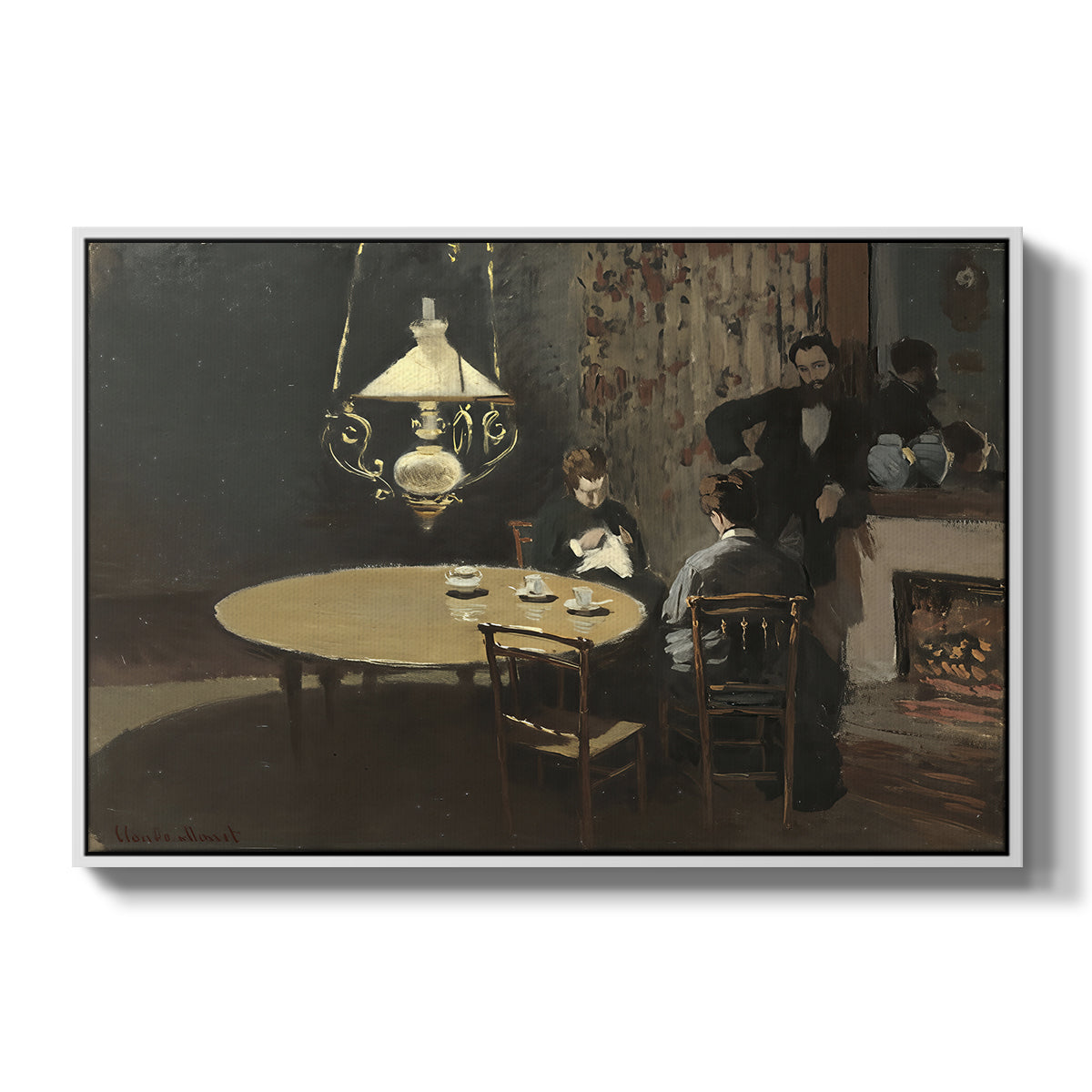 Interior, after Dinner, 1868-1869 by Claude Monet in a white floater framed canvas wall art display.