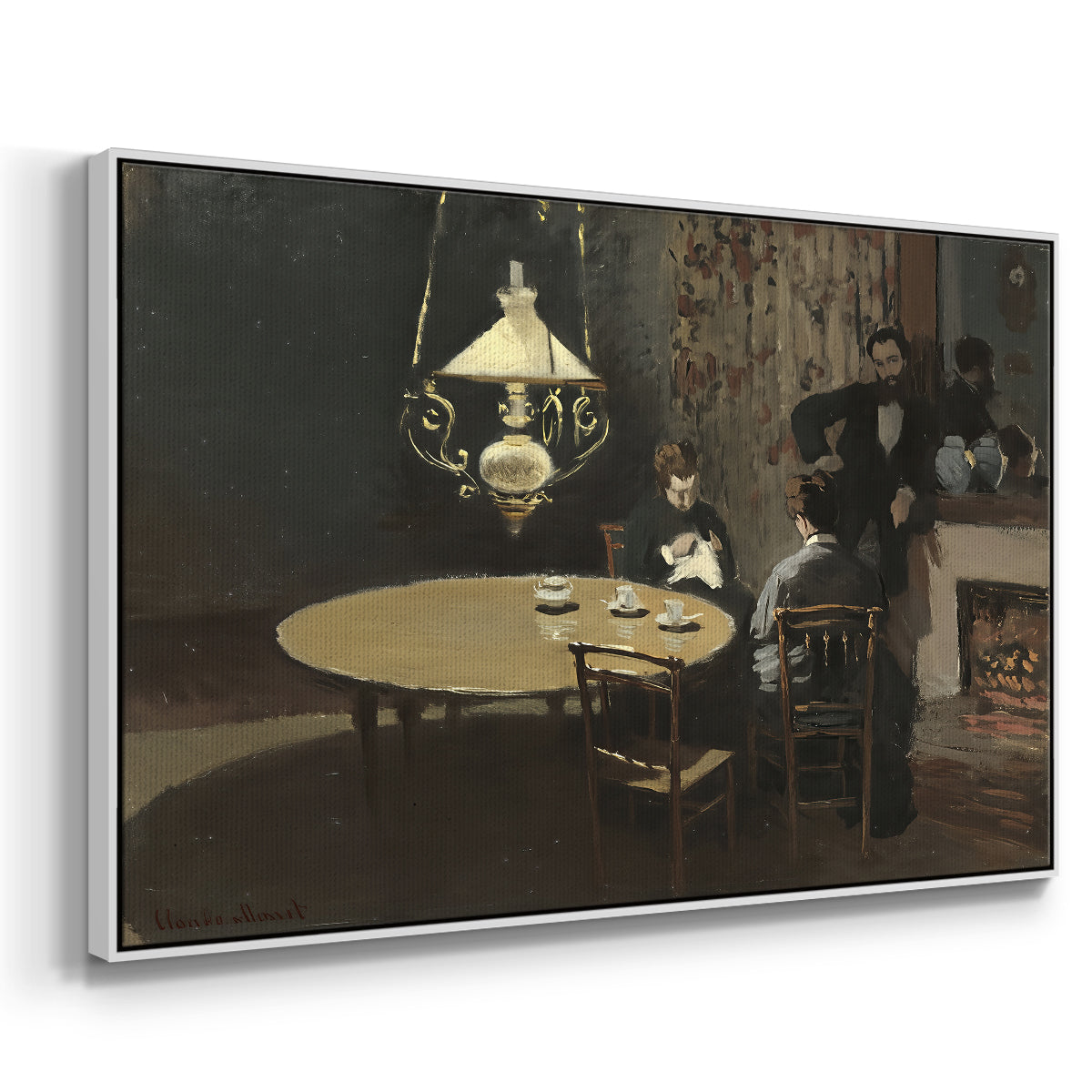 Angled view of Interior, after Dinner, 1868-1869 by Claude Monet in a white floater framed canvas.