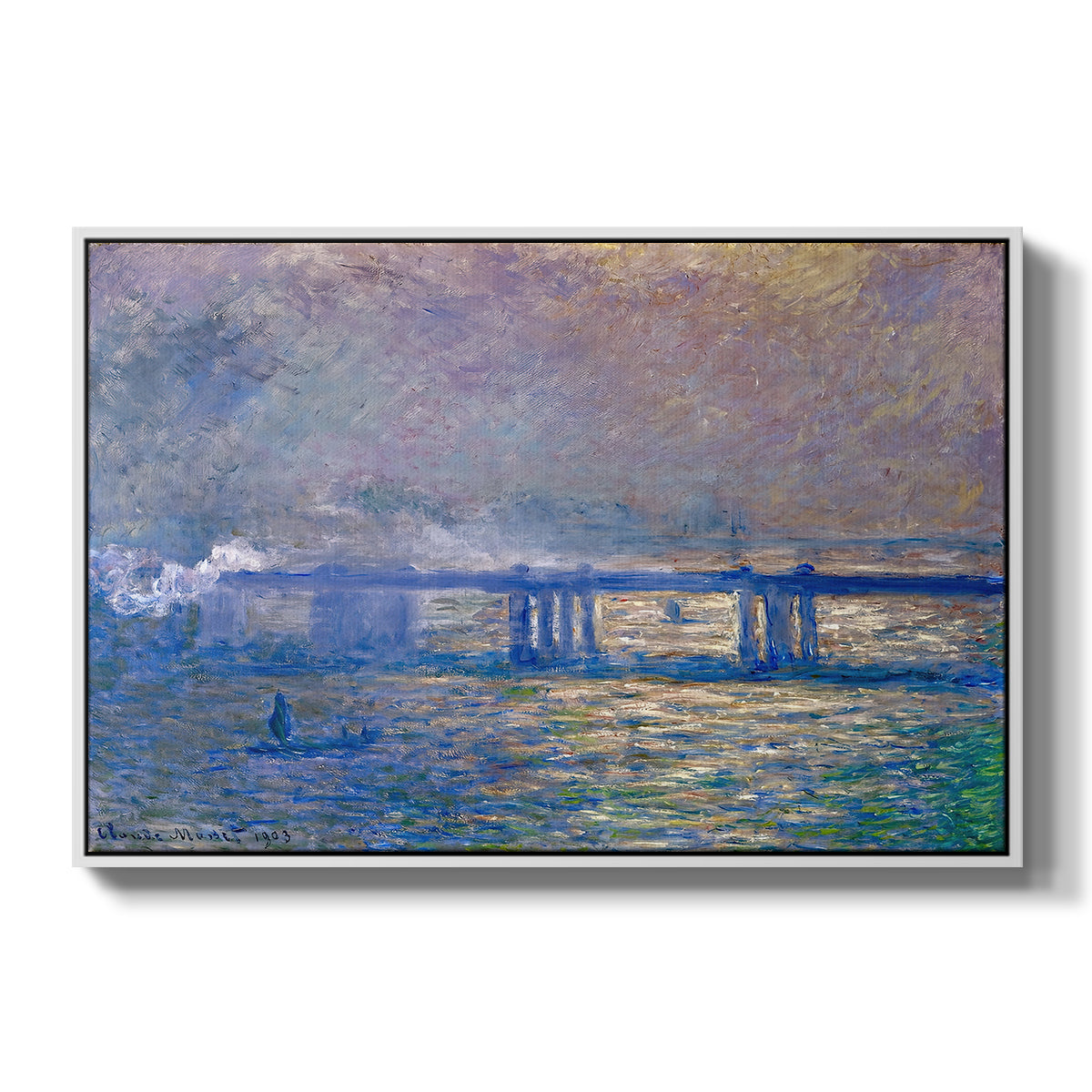 Charing Cross Bridge, 1903 by Claude Monet in a white floater framed canvas wall art display.