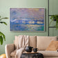 White floater framed canvas featuring a city bridge scene softened by mist and impressionist brushwork, displayed above a sofa in a modern living room.
