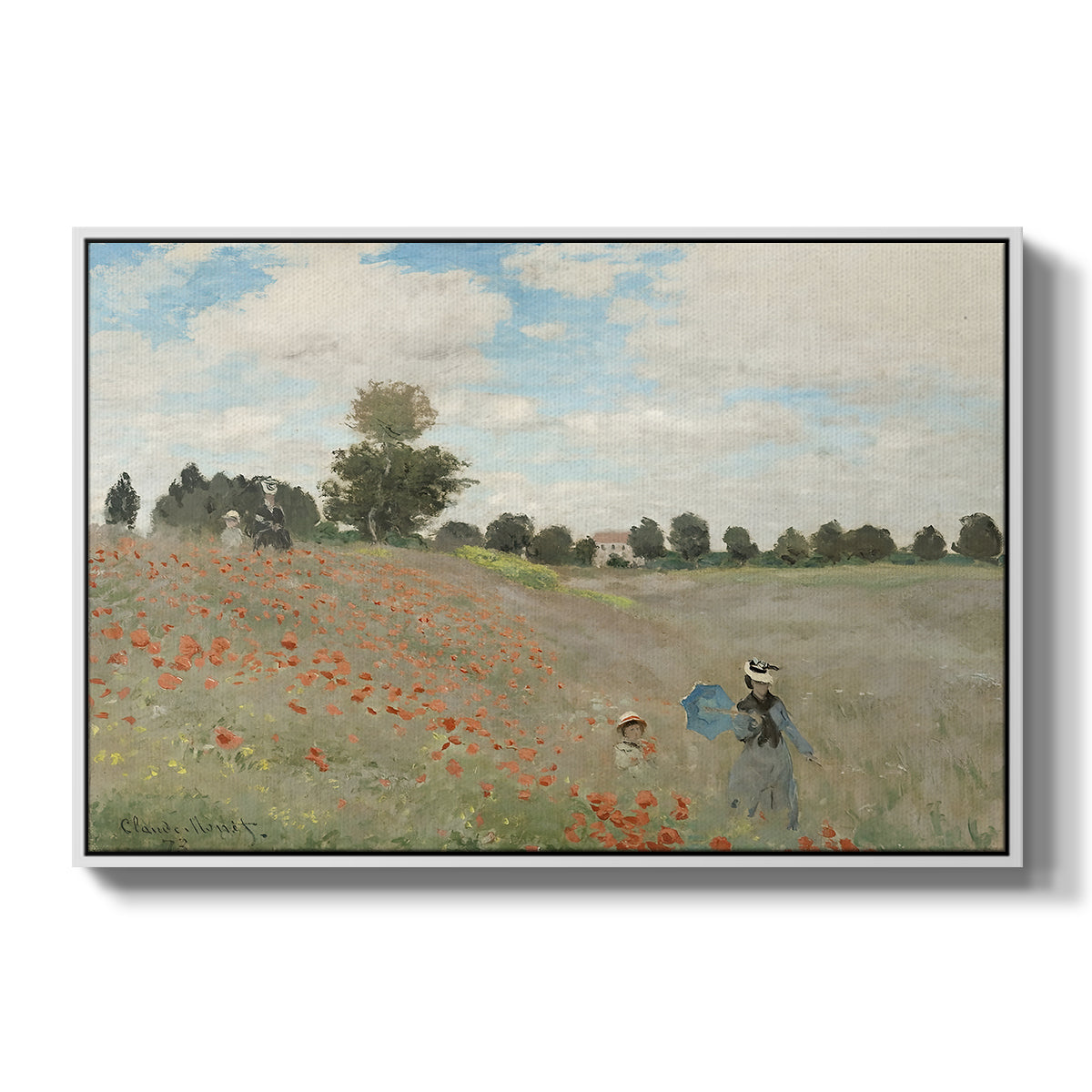 The Poppy Field near Argenteuil, 1873 by Claude Monet in a white floater framed canvas wall art display.