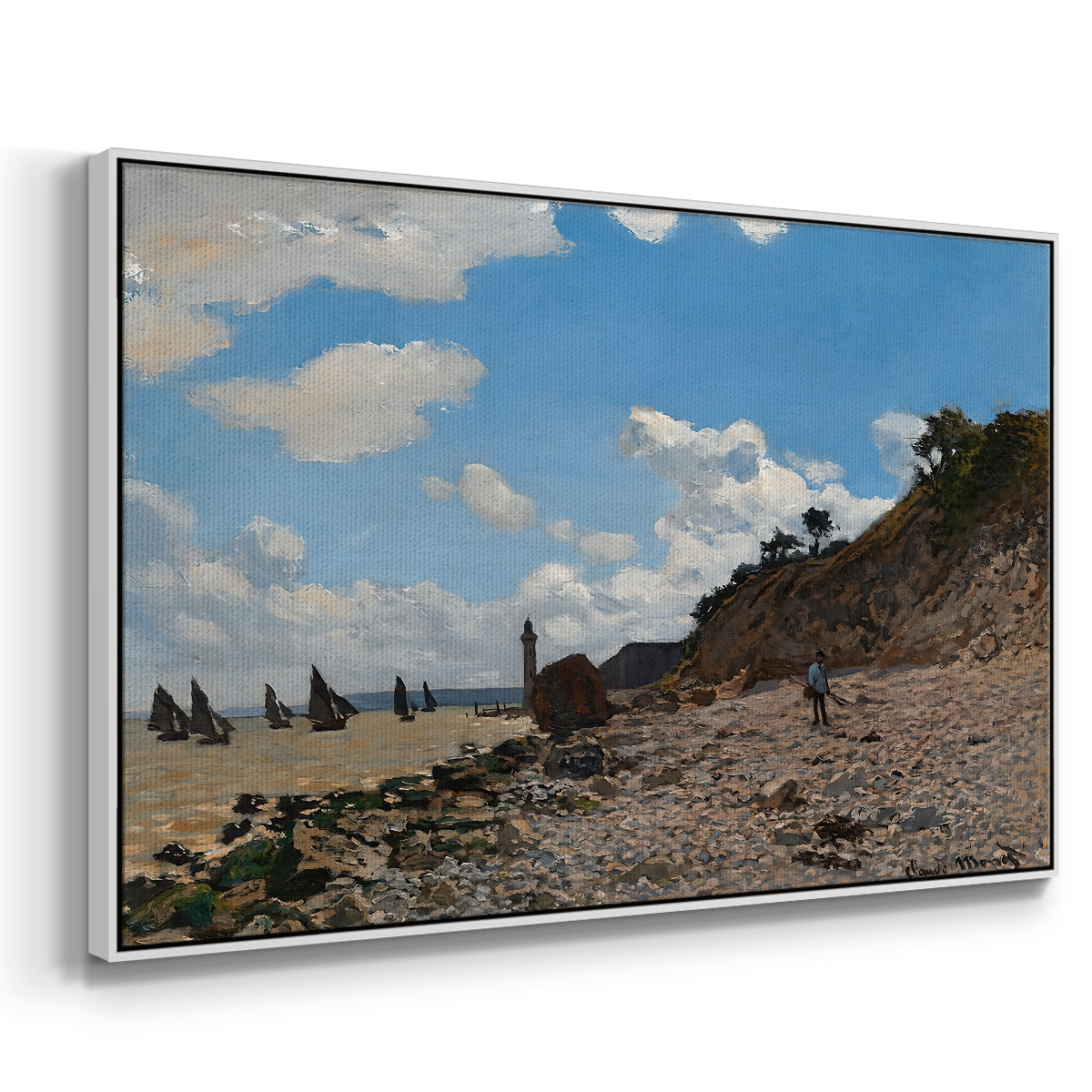 Angled view of The Beach at Honfleur, 1864 by Claude Monet in a white floater framed canvas.