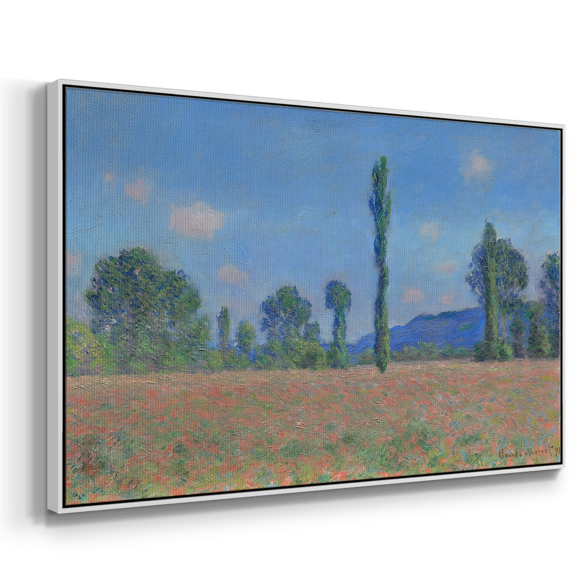 Angled view of Poppy Field (Giverny), 1890-1891 by Claude Monet in a white floater framed canvas.