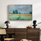 The Wheat Field (Champ de Blé), 1881 by Claude Monet displayed in a white floater framed canvas above a dark wood credenza in an entryway.