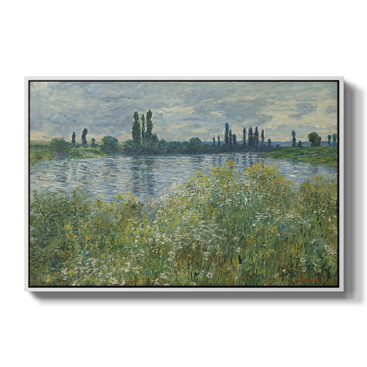 Banks of the Seine, Vétheuil, 1880 by Claude Monet in a white floater framed canvas wall art display.
