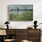 Banks of the Seine, Vétheuil, 1880 by Claude Monet displayed in a white floater framed canvas above a dark wood credenza in an entryway.