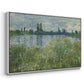 Angled view of Banks of the Seine, Vétheuil, 1880 by Claude Monet in a white floater framed canvas.