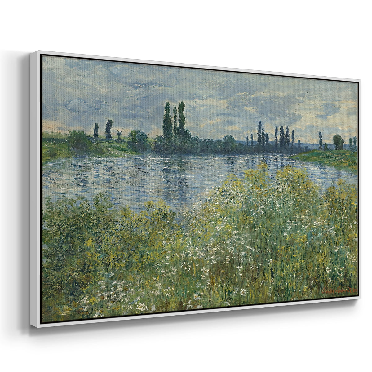 Angled view of Banks of the Seine, Vétheuil, 1880 by Claude Monet in a white floater framed canvas.