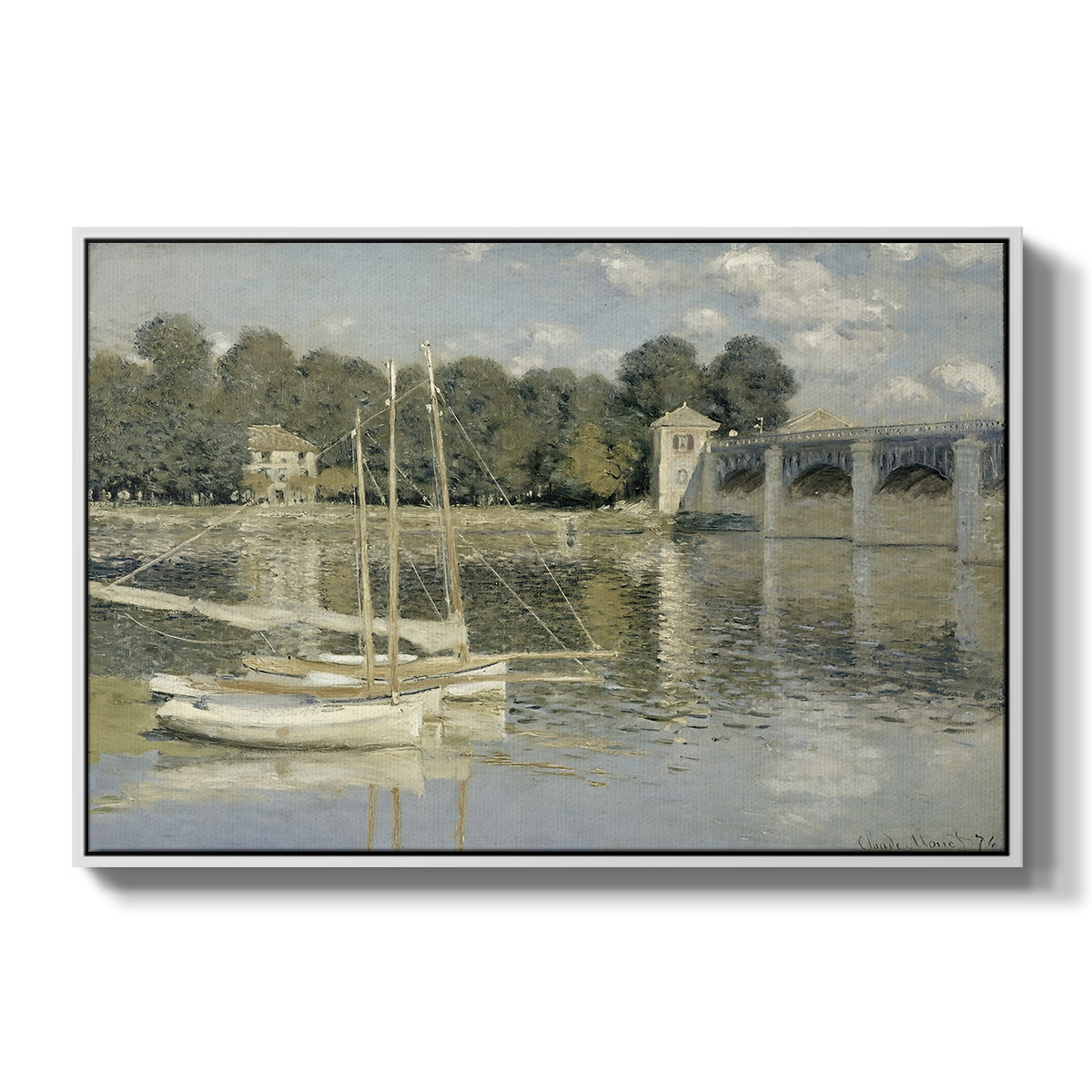 The Bridge at Argenteuil, 1874 by Claude Monet in a white floater framed canvas wall art display.