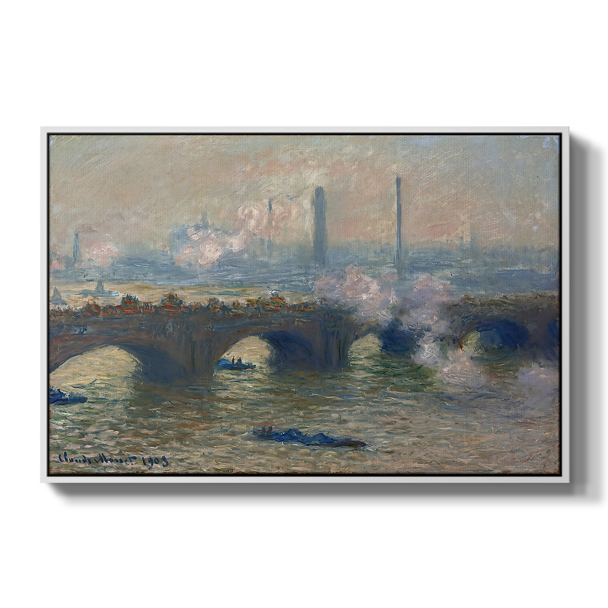 Waterloo Bridge, Gray Day, 1903 by Claude Monet in a white floater framed canvas wall art display.