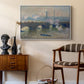 Waterloo Bridge, Gray Day, 1903 by Claude Monet as a white floater framed canvas featuring a river and bridge scene with diffused light and urban backdrop, styled above a mid-century console in a contemporary living area.