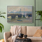 White floater framed canvas featuring a foggy London bridge view with softened architectural forms, displayed above a sofa in a modern living room.