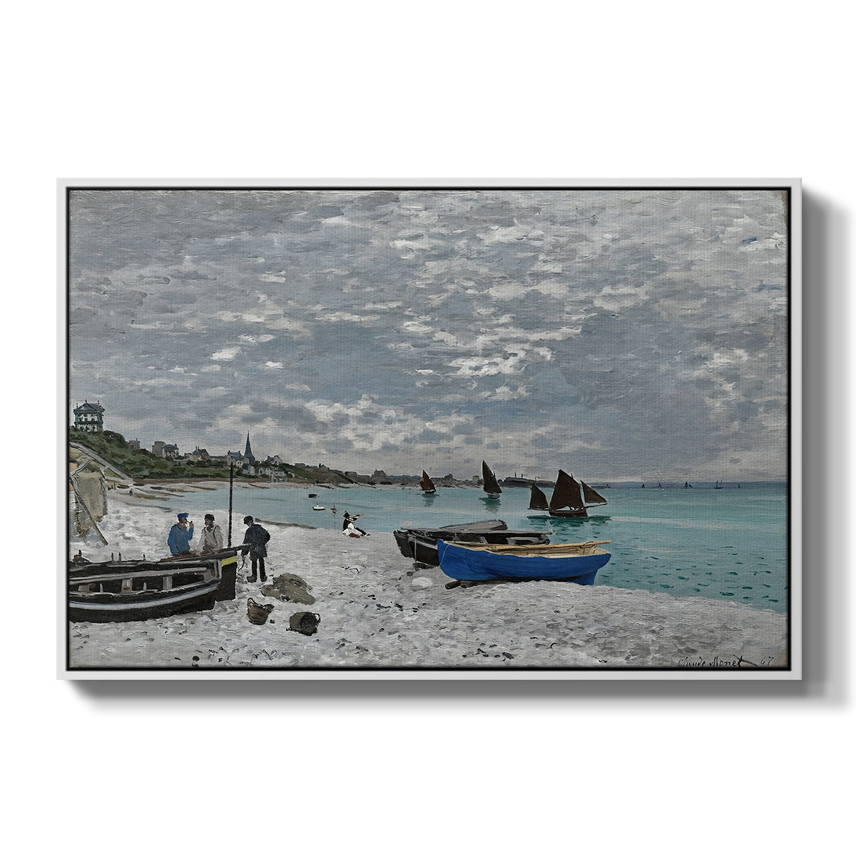 The Beach at Sainte-Adresse, 1867 by Claude Monet in a white floater framed canvas wall art display.