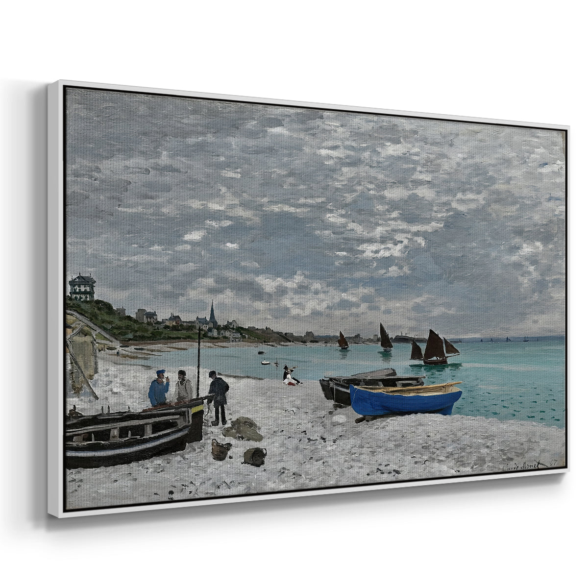 Angled view of The Beach at Sainte-Adresse, 1867 by Claude Monet in a white floater framed canvas.