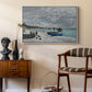 The Beach at Sainte-Adresse, 1867 by Claude Monet as a white floater framed canvas featuring a coastal landscape with sailboats and visitors on cliffside, styled above a mid-century console in a contemporary living area.