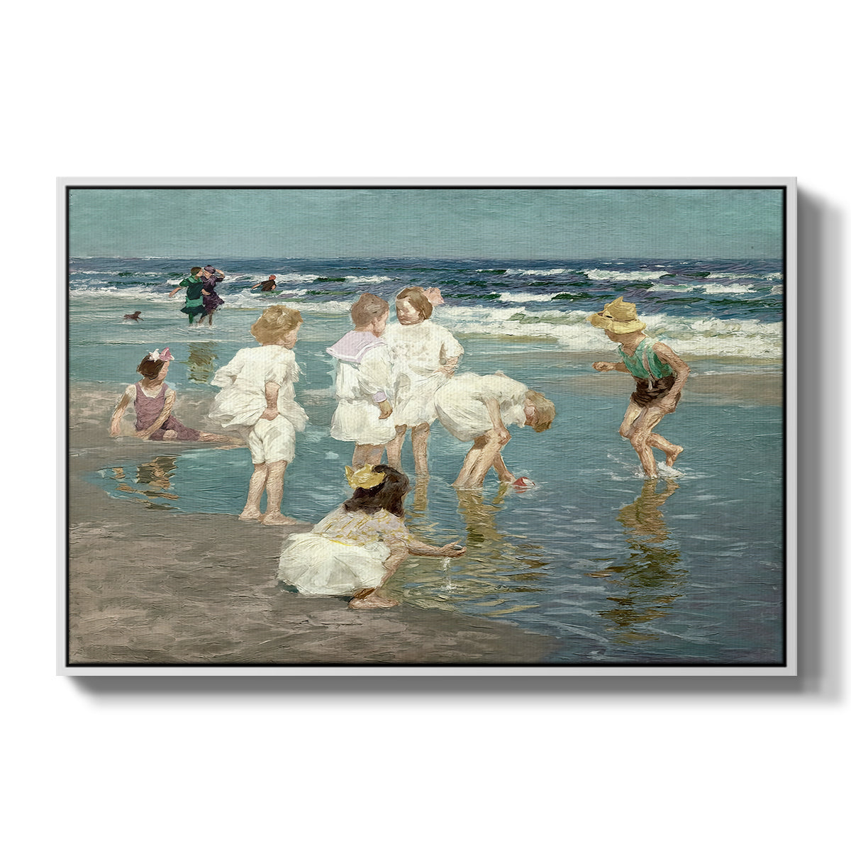 A Holiday, c. 1915 by Edward Henry Potthast in a white floater framed canvas wall art display.