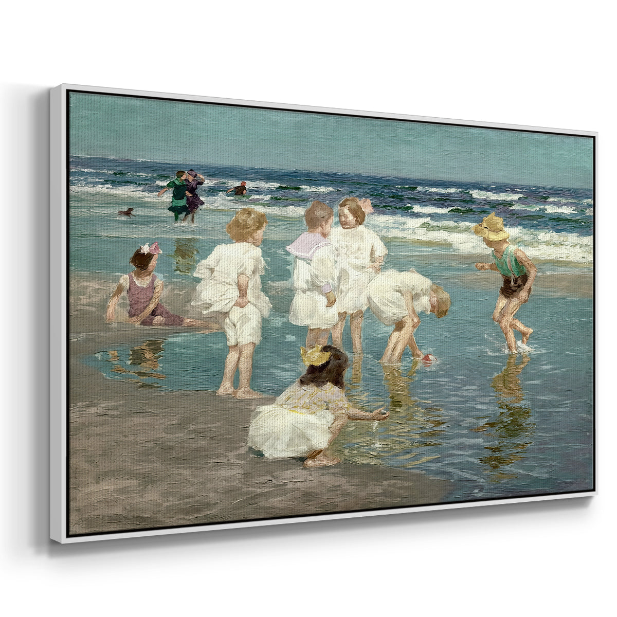 Angled view of A Holiday, c. 1915 by Edward Henry Potthast in a white floater framed canvas.