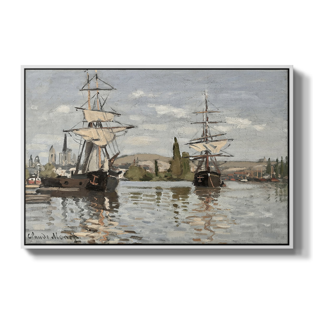 Ships Riding on the Seine at Rouen, 1872 by Claude Monet in a white floater framed canvas wall art display.